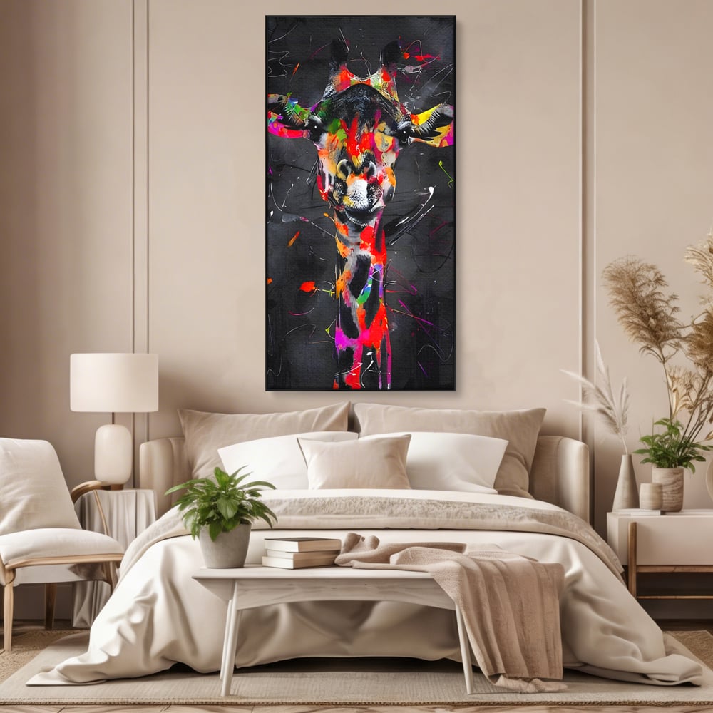 Tablou canvas cu tablou canvas cu girafa multicolor, in rama de aluminiu negru, pe perete intr-un dormitor